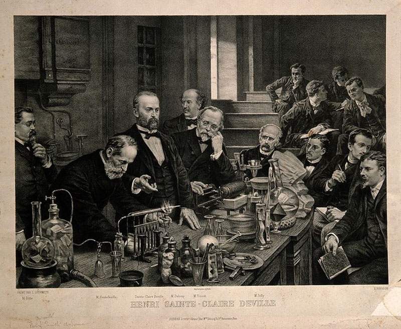 Henri Sainte-Claire Deville démontrant une expérience au laboratoire de chimie de l'École Normal Supérieure, Paris, 1878.  Reproduction d'après une gravure de L.l'Hermitte.