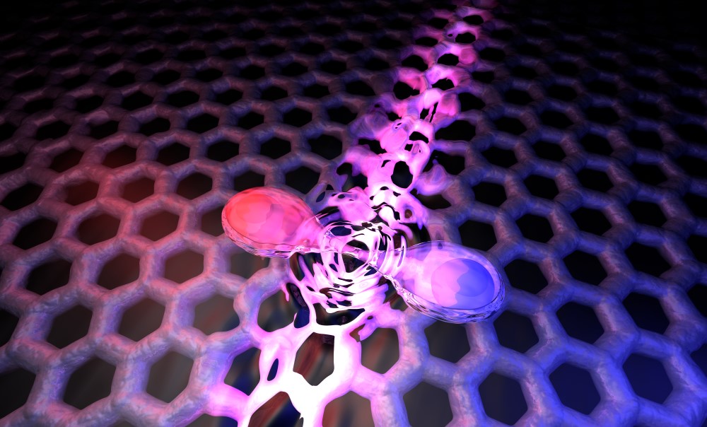 Vue d’artiste de la polarisation du vide par création d’une paire électron-trou dans le graphène.